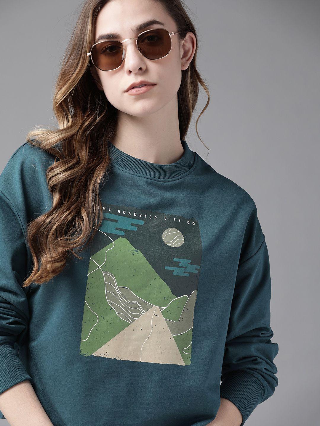 roadster women teal green printed sweatshirt