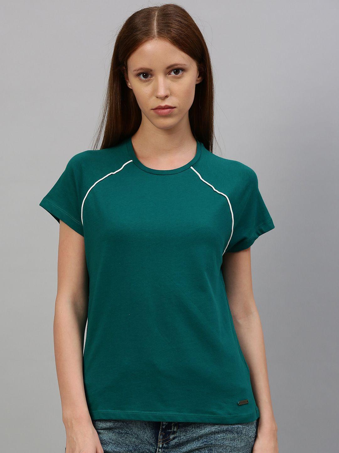 roadster women teal green solid round neck pure cotton t-shirt