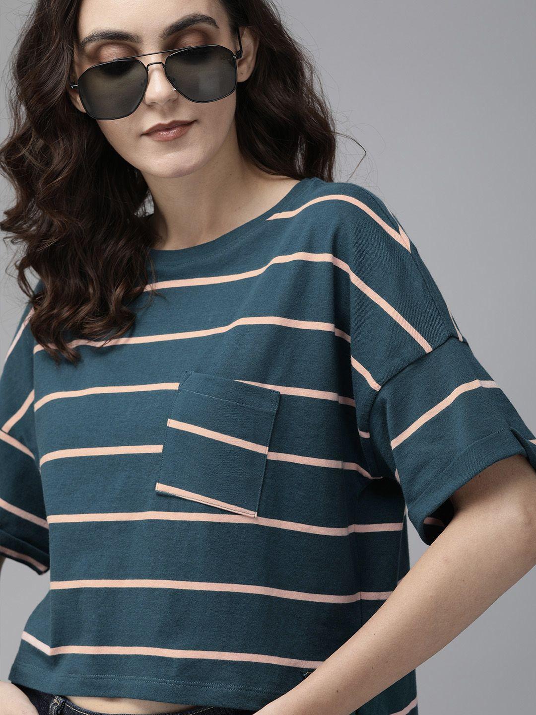 roadster women teal striped round neck t-shirt