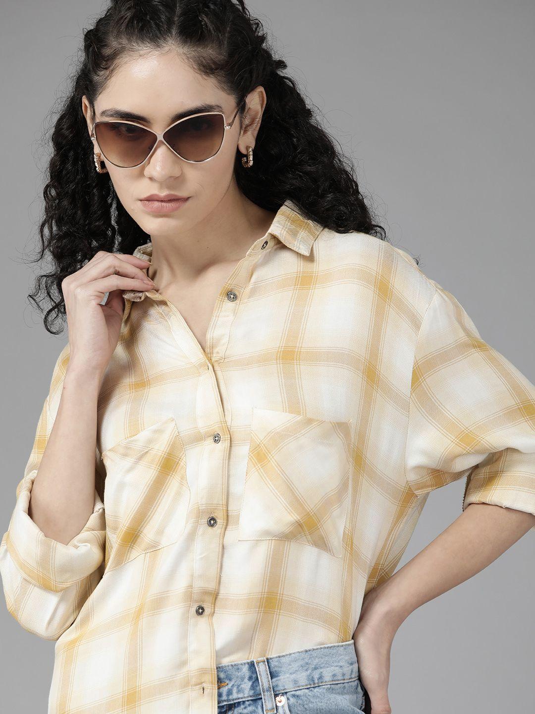 roadster women white & beige tartan checked casual shirt