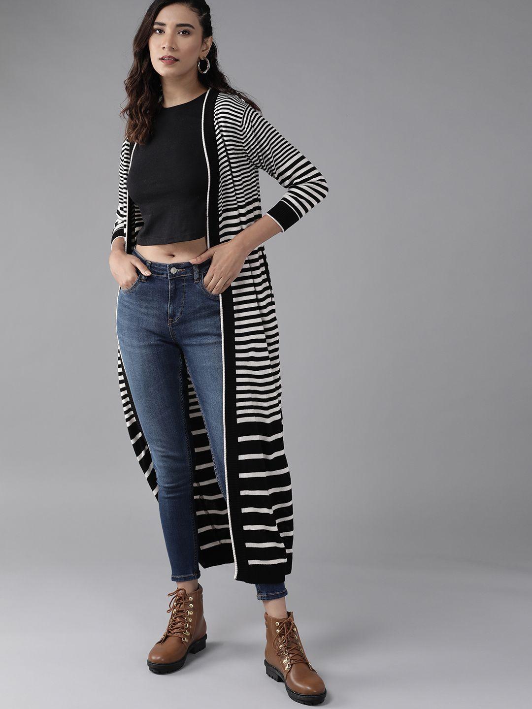 roadster women white & black striped longline front-open sweater