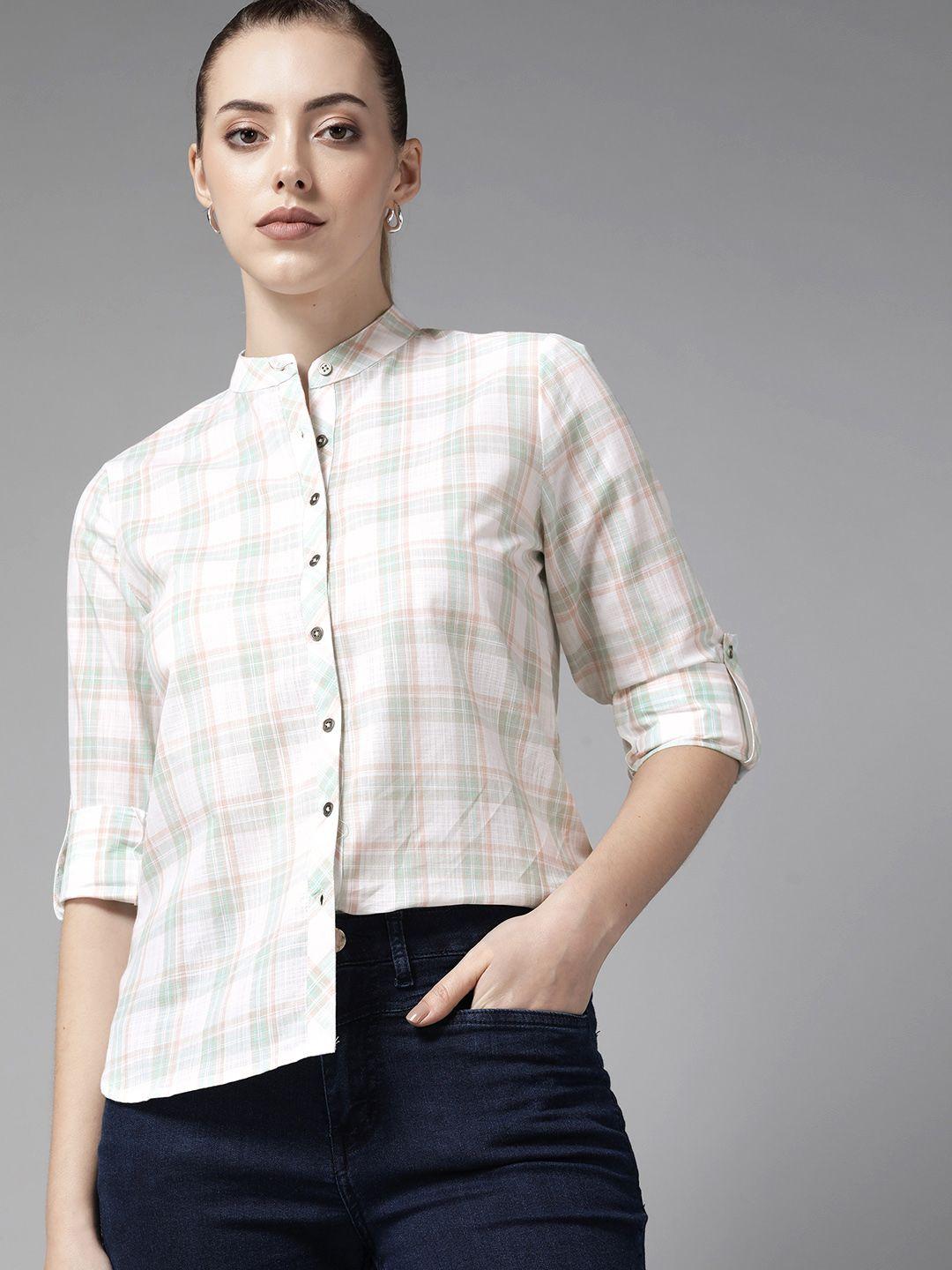 roadster women white & green tartan checked casual shirt