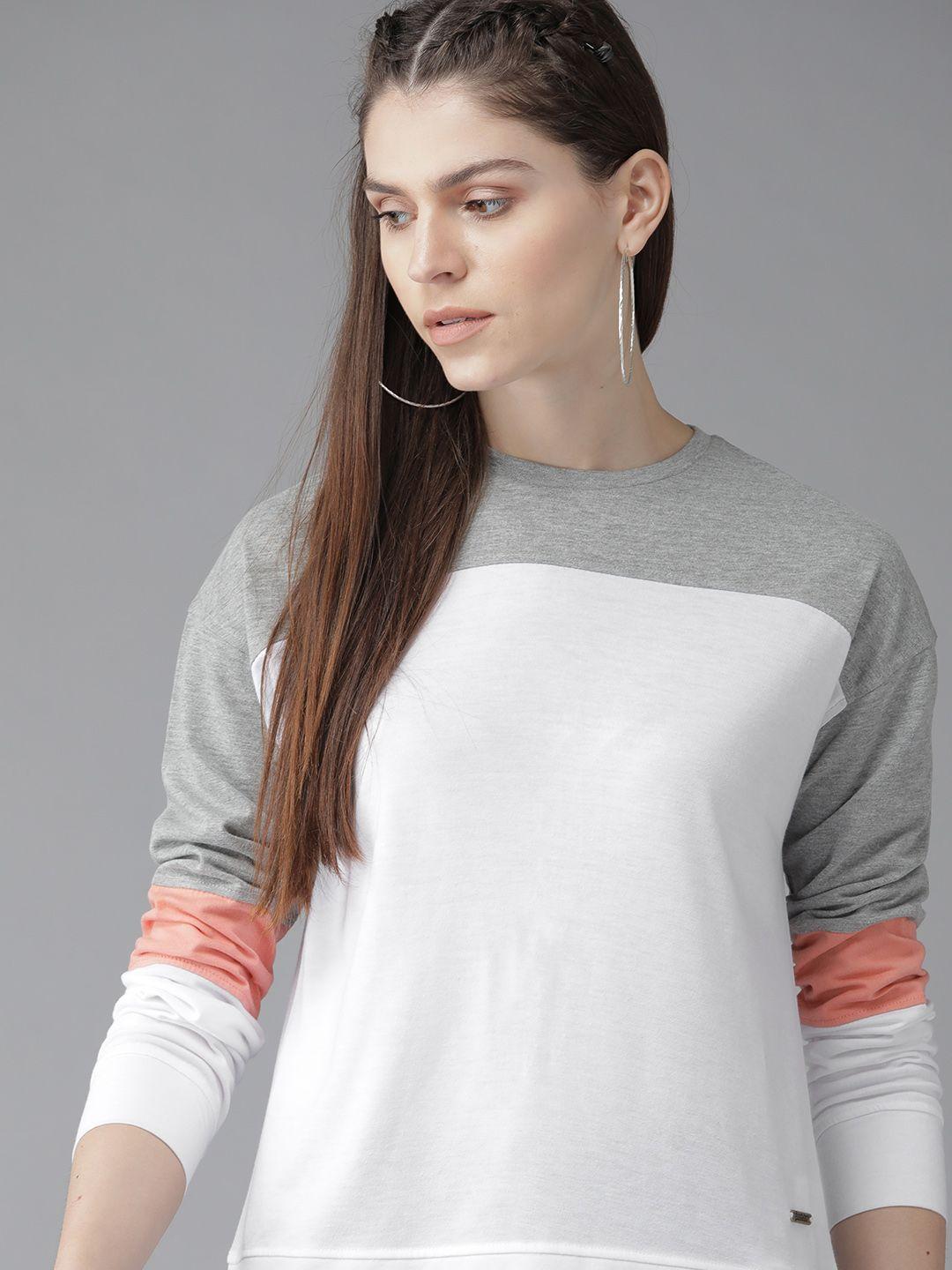 roadster women white & grey melange colourblocked round neck t-shirt