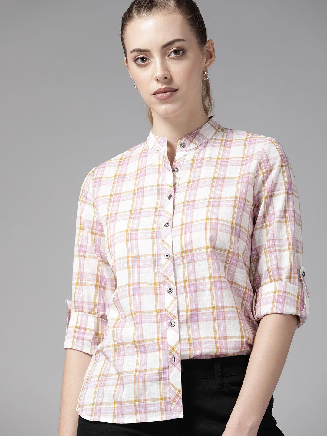 roadster women white & lavender tartan checked casual shirt