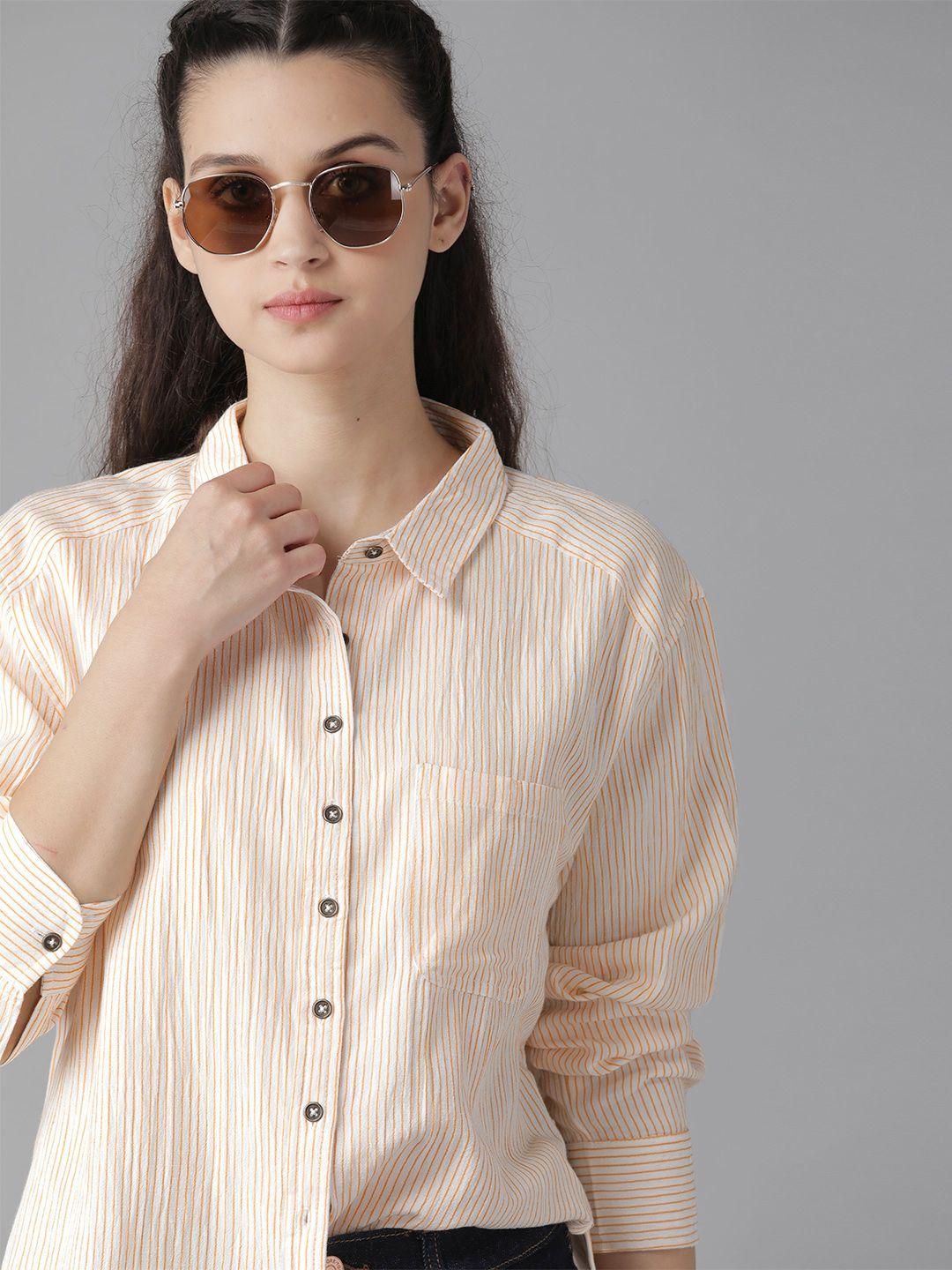 roadster women white & mustard yellow regular fit striped cotton casual shirt