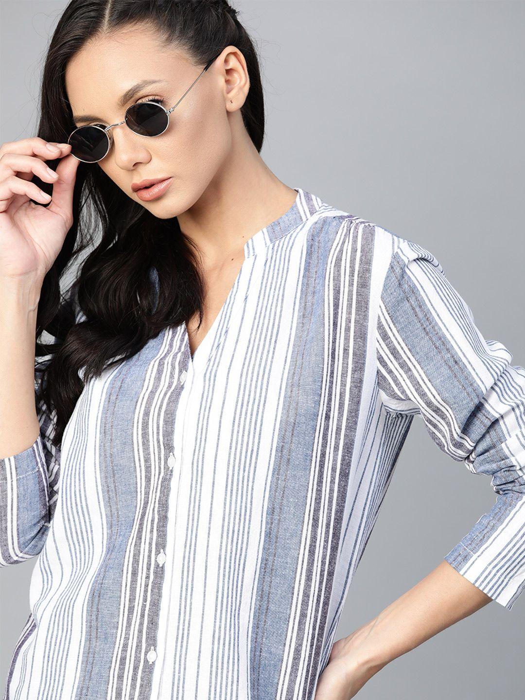 roadster women white & navy blue striped linen blend casual shirt