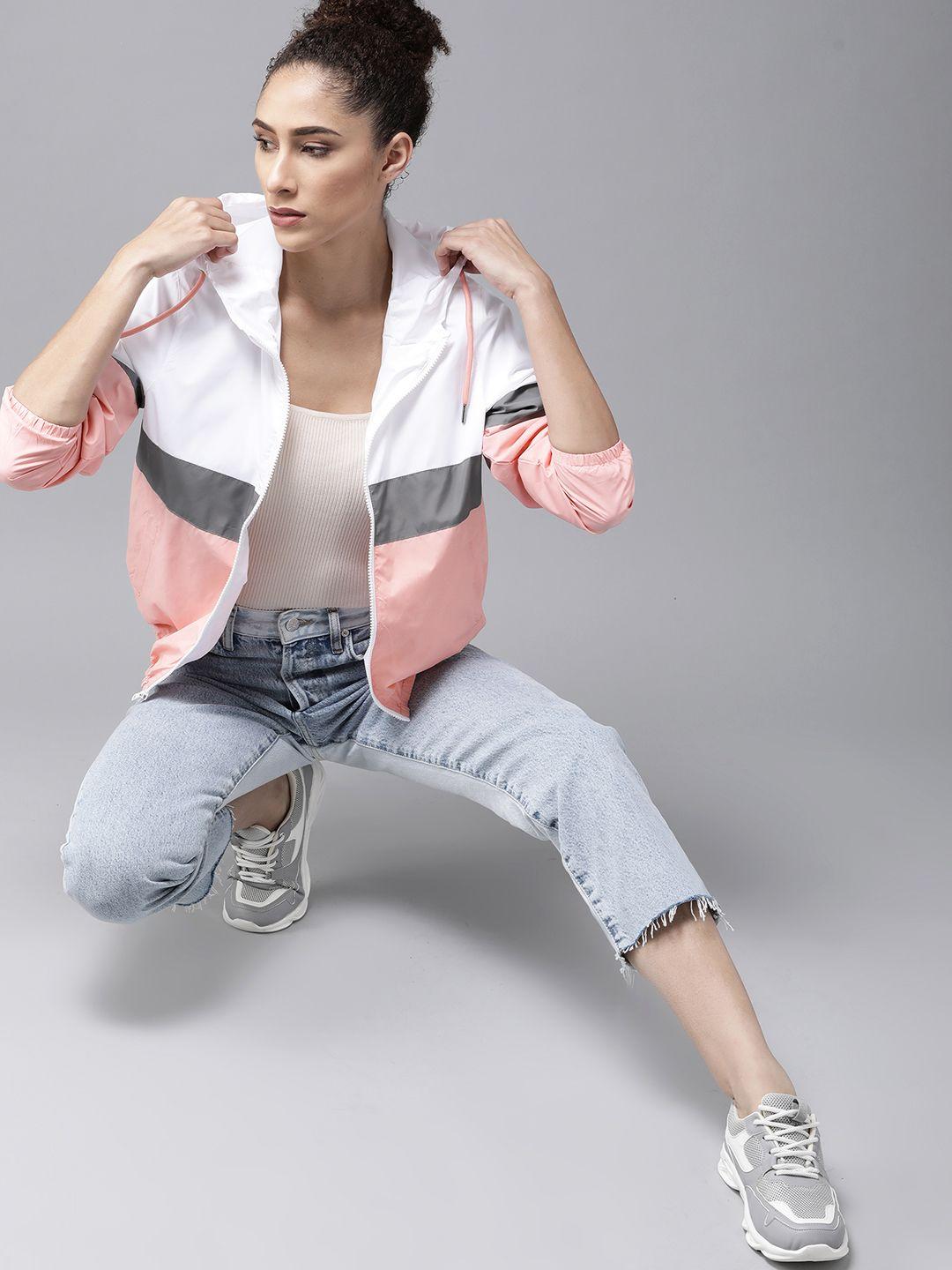 roadster women white & pink colourblocked windcheater hooded jacket