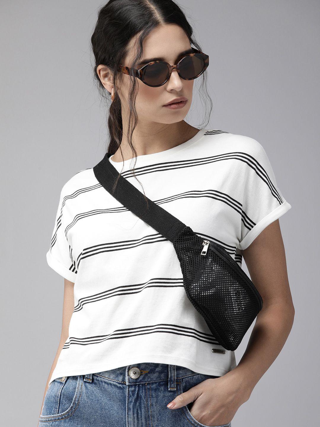 roadster women white  black striped round neck pure cotton t-shirt