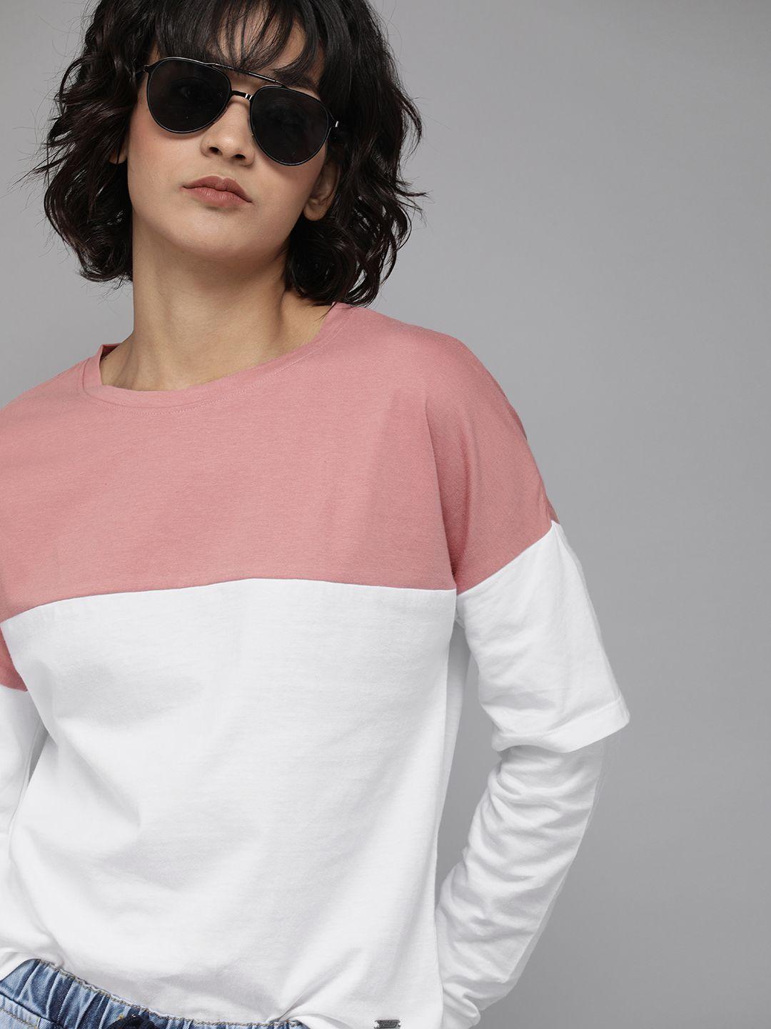 roadster women white  pink colourblocked round neck pure cotton t-shirt with layered detail sleeve