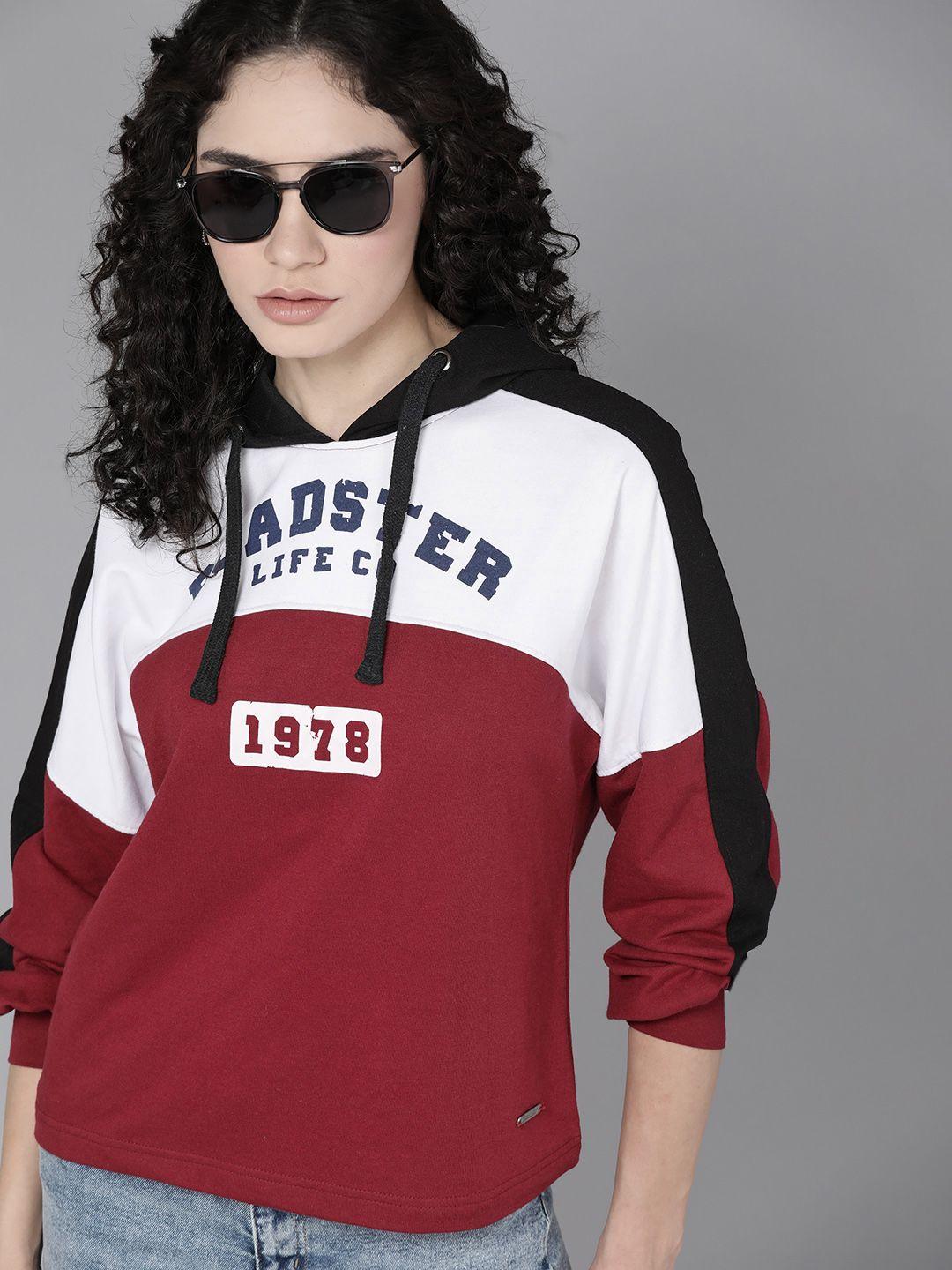 roadster women white 8& maroon colourblocked hooded sweatshirt