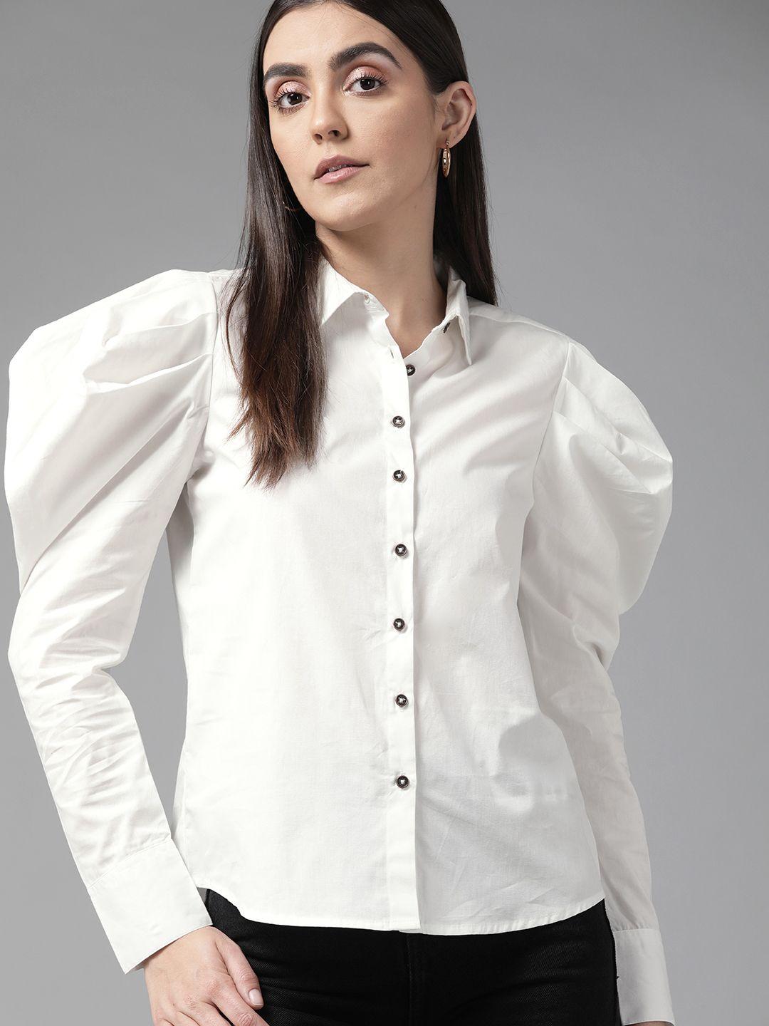 roadster women white pure cotton puff sleeves casual shirt