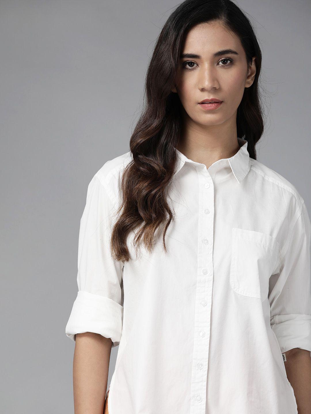 roadster women white pure cotton solid casual shirt