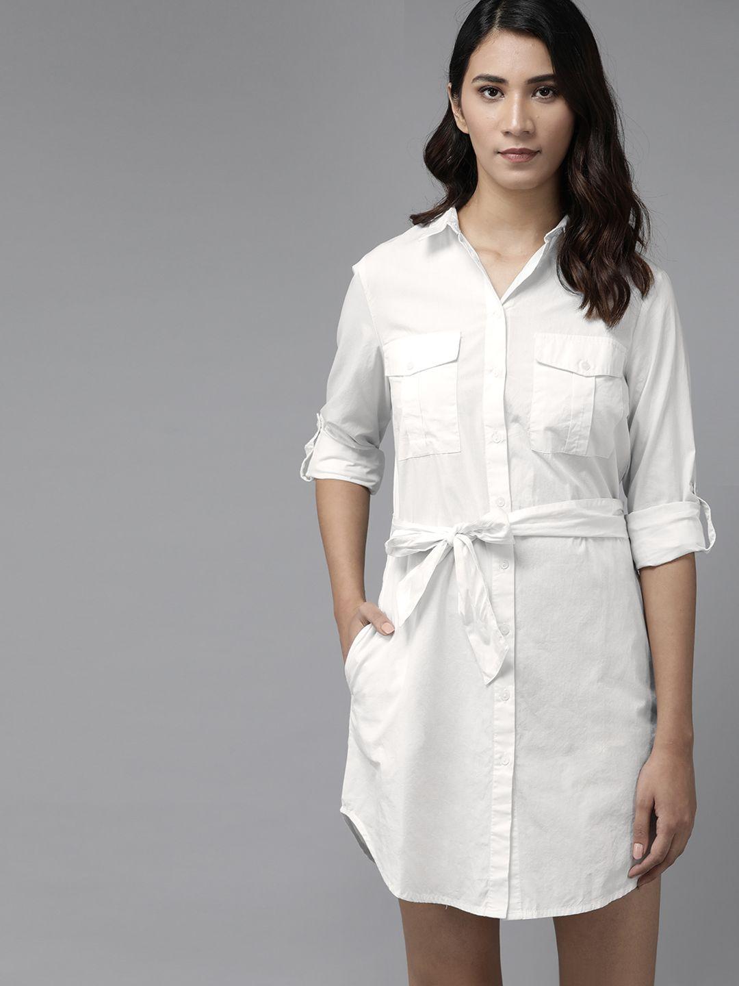 roadster women white pure cotton solid shirt dress with belt