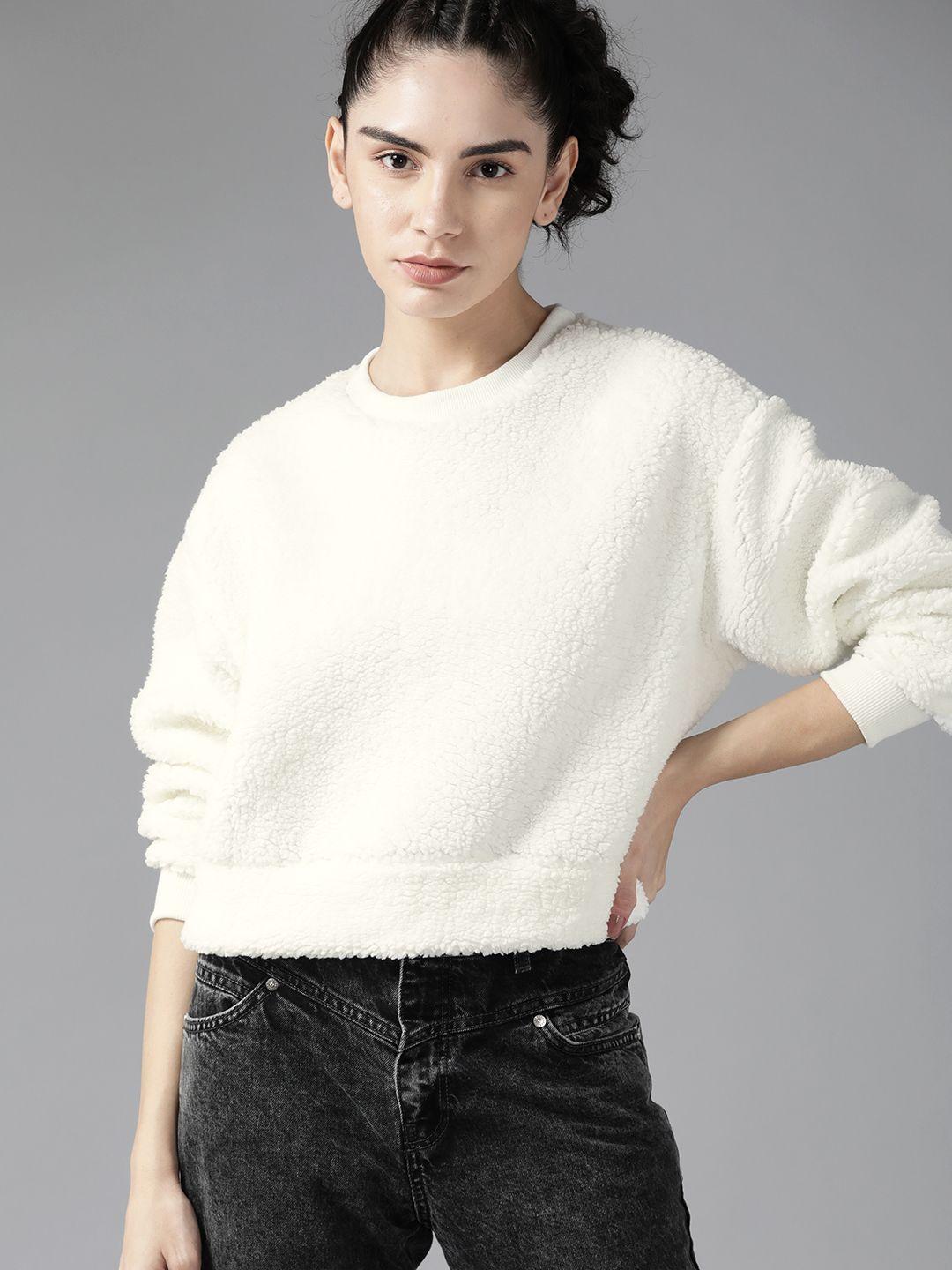 roadster women white solid sherpa sweatshirt