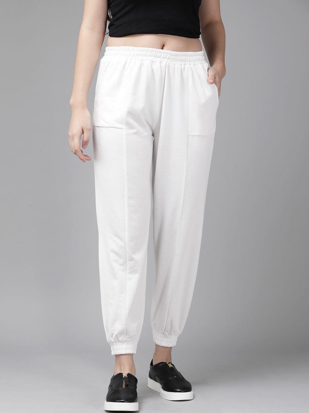 roadster women white solid straight fit cropped joggers