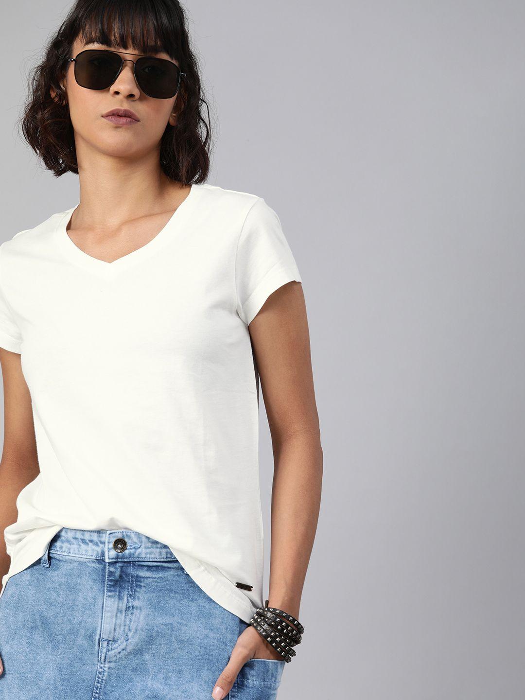 roadster women white solid v-neck pure cotton t-shirt