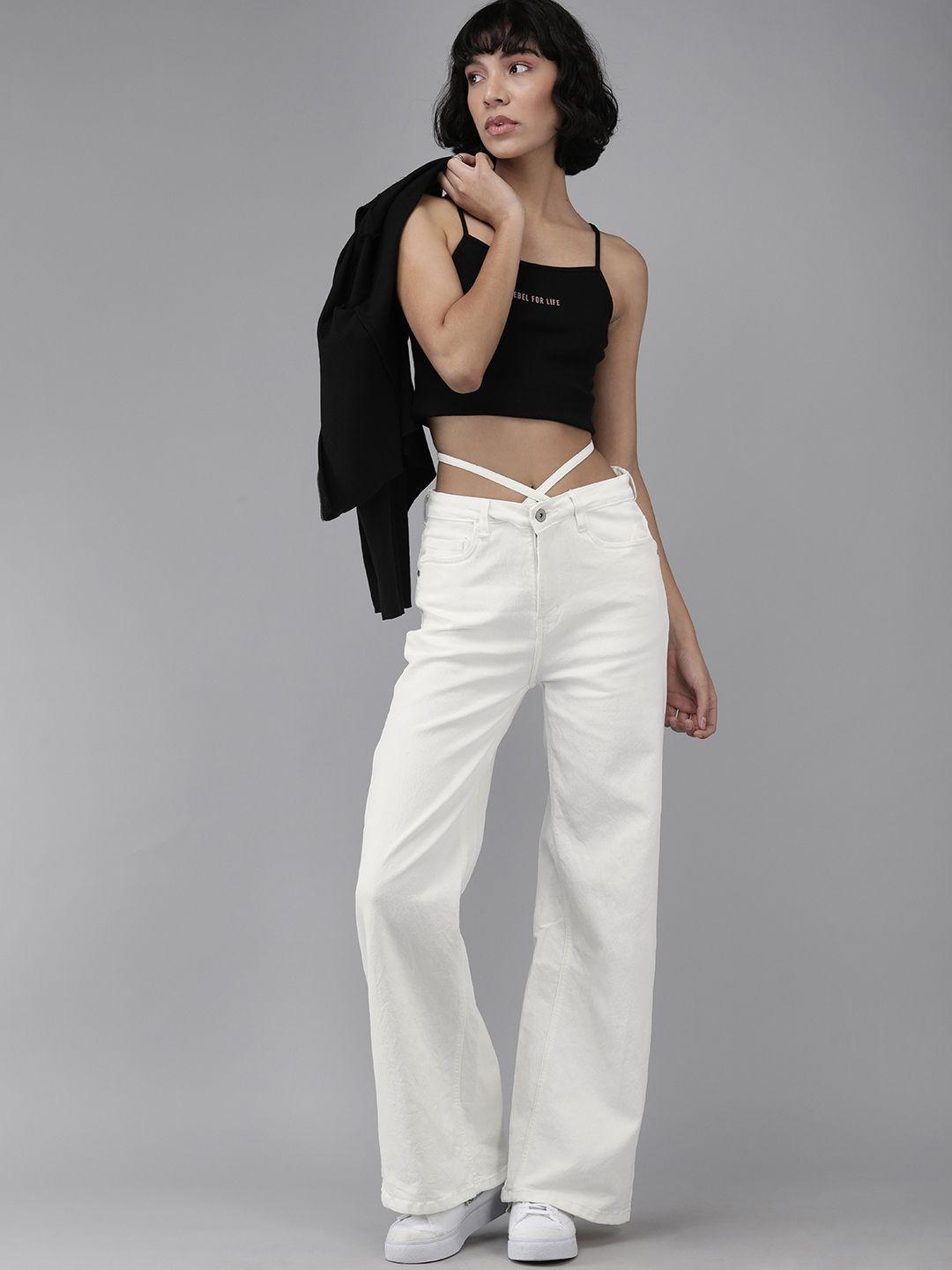 roadster women white wide leg high-rise stretchable jeans with tie-up detail at the waist
