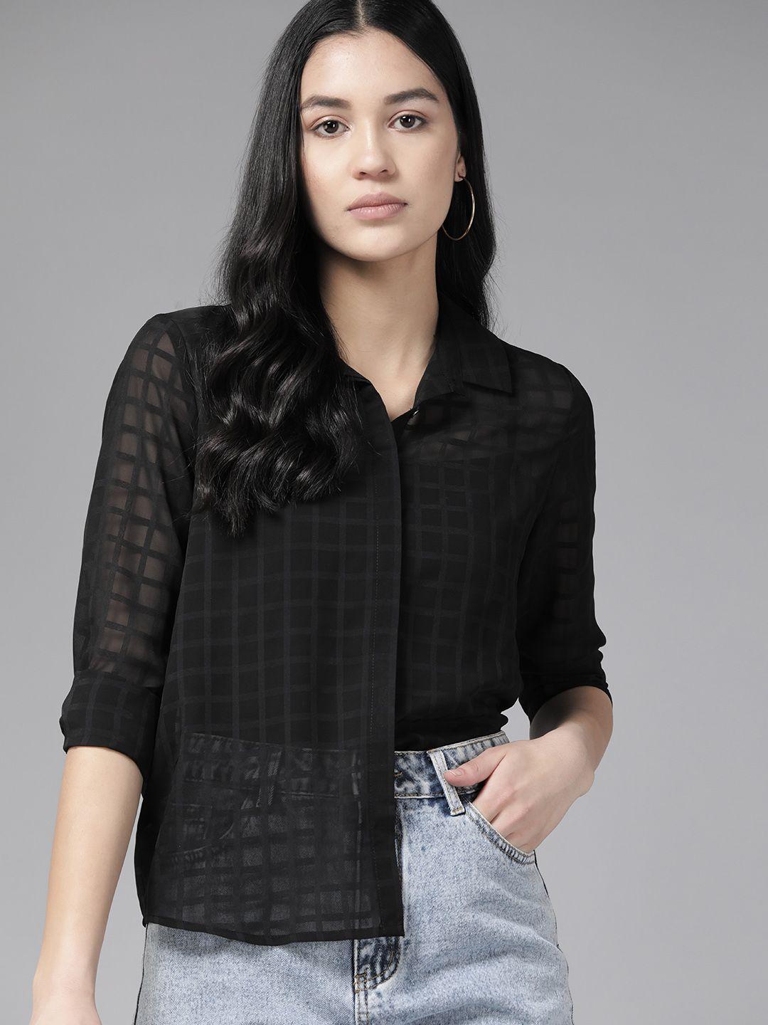 roadster women windowpane checks semi sheer casual shirt