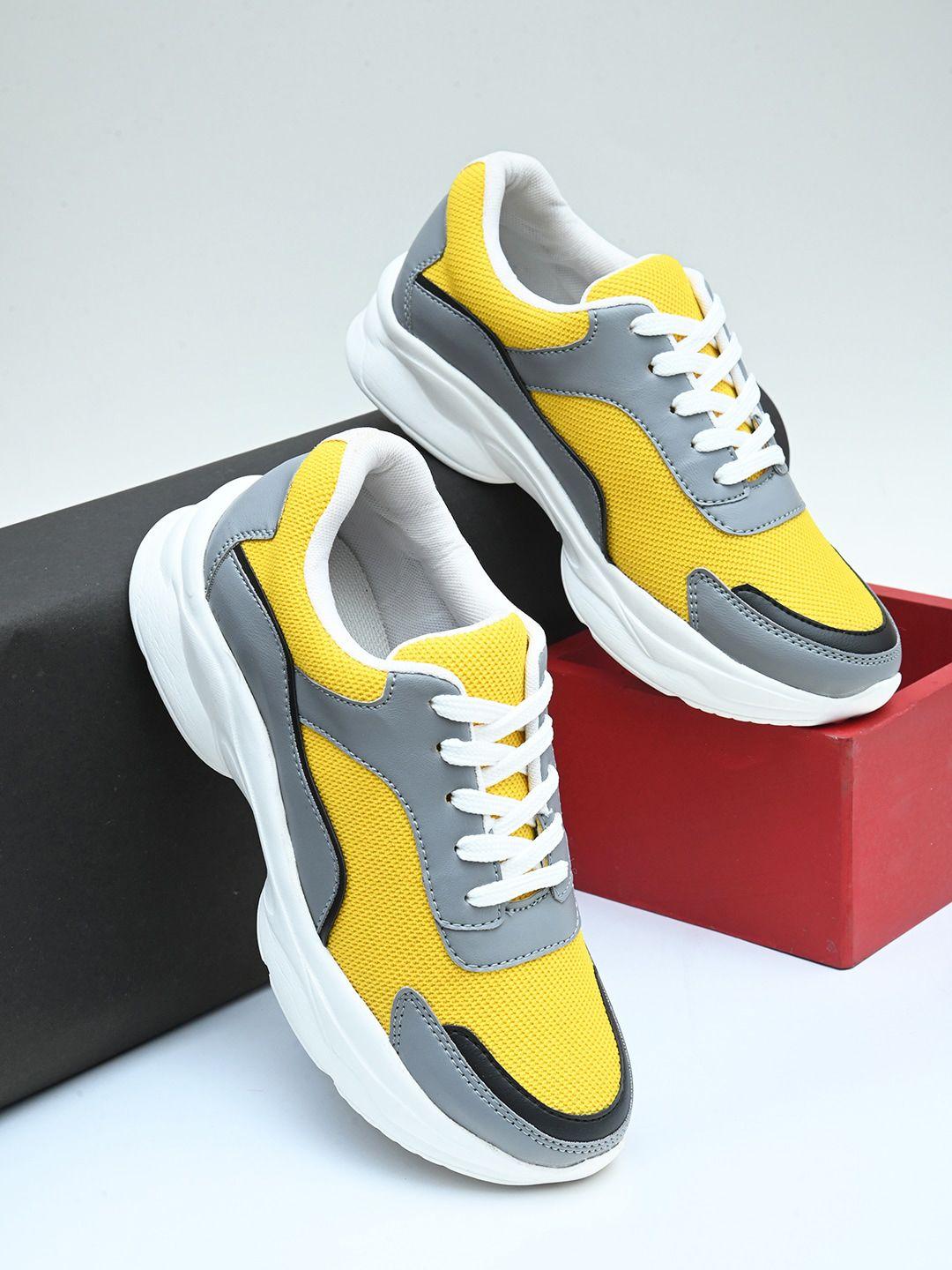 roadster women yellow & grey colourblocked lightweight padded insole basics sneakers