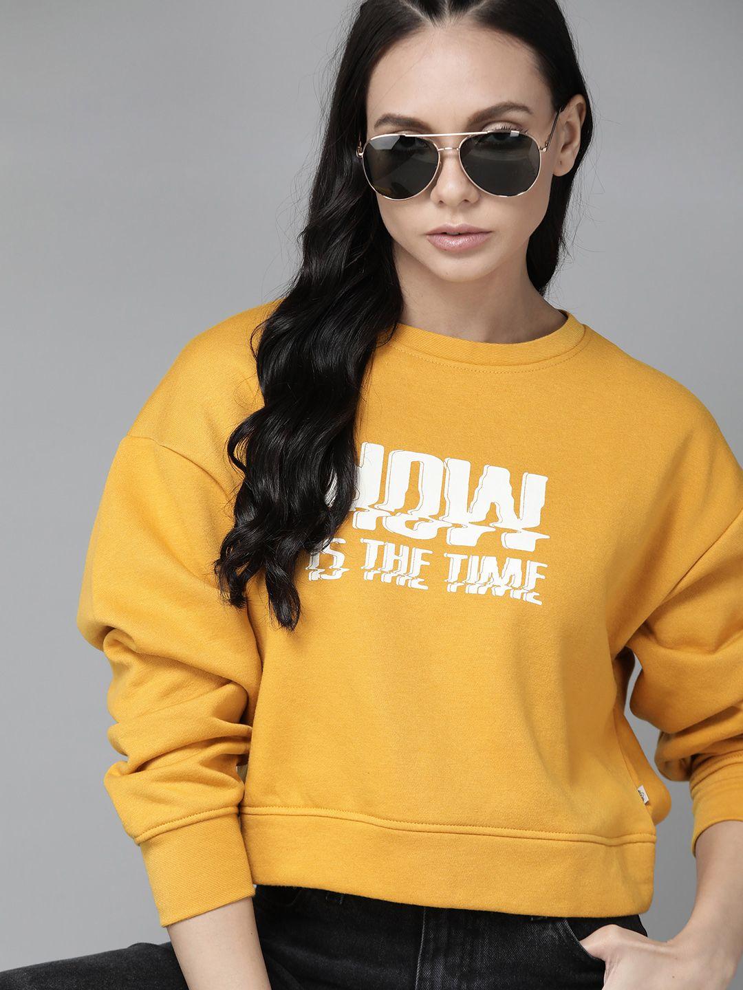 roadster women yellow & white printed sweatshirt