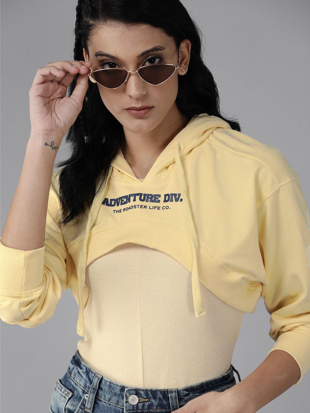 roadster women yellow typography printed hooded crop sweatshirt