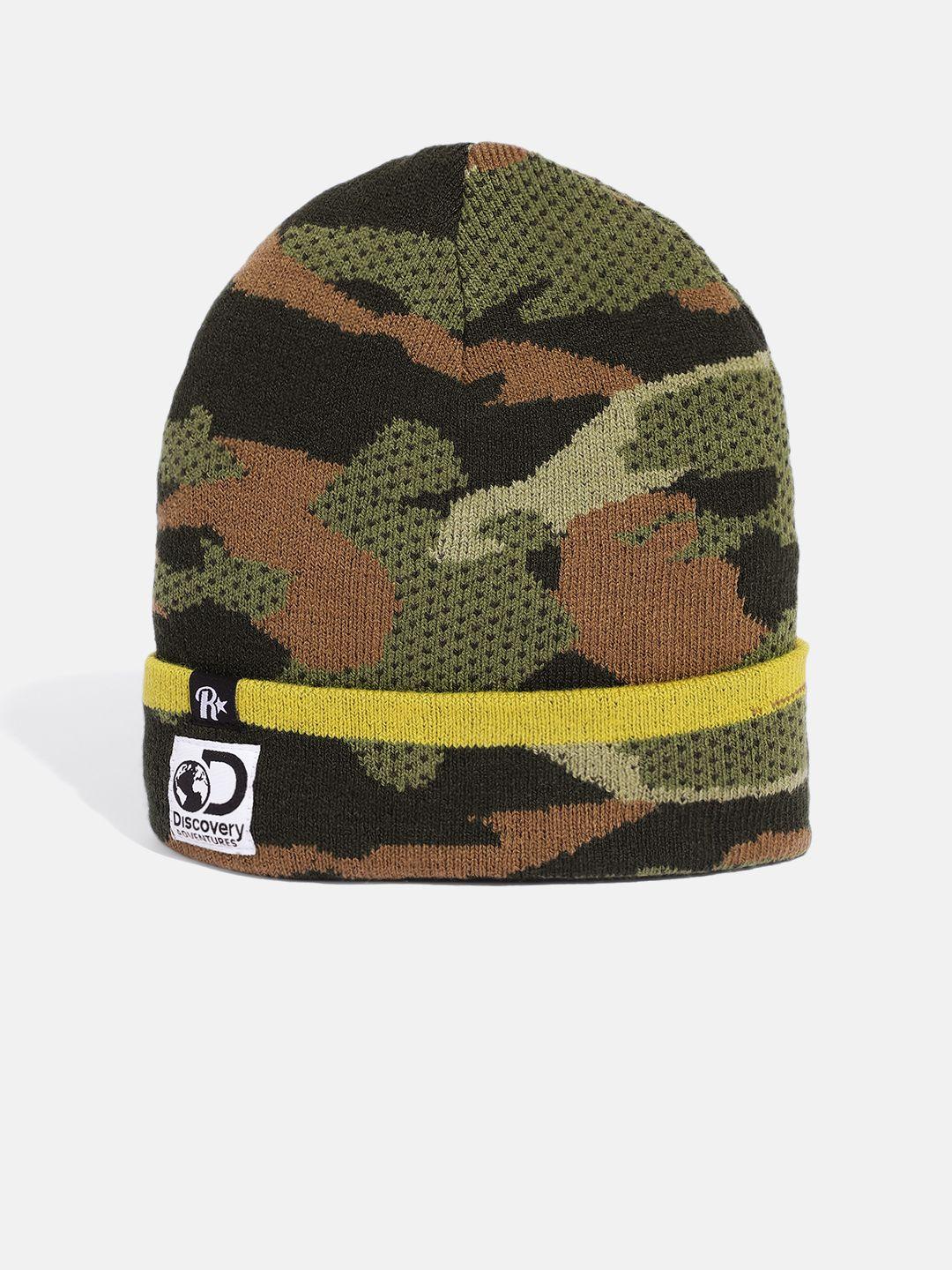 roadster x discovery adventures unisex olive green & black camouflage printed beanie
