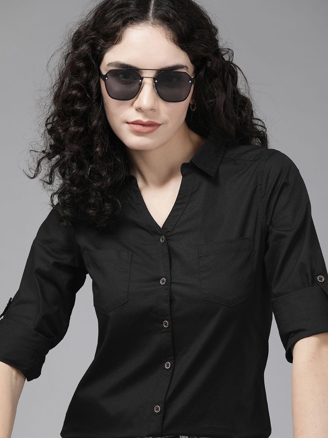 roadster x discovery adventures women black solid pure cotton casual shirt