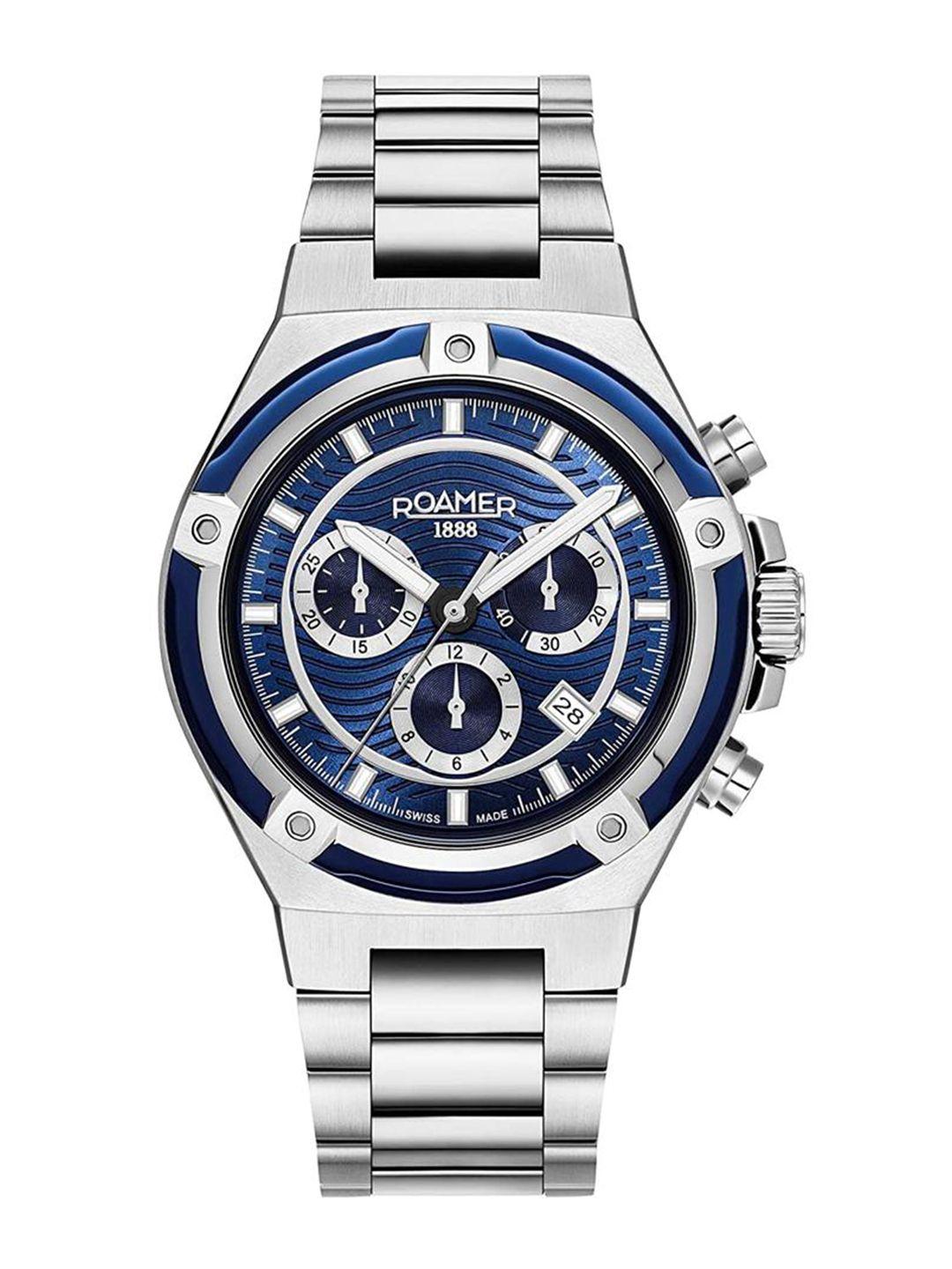 roamer men blue dial & silver toned stainless steel bracelet style straps analogue watch 221837 41 45 20