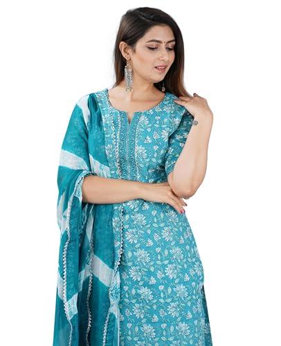 robolox women's afghani salwar suit - cotton printed floral straight kurta with afghani salwar and dupatta (medium, blue)