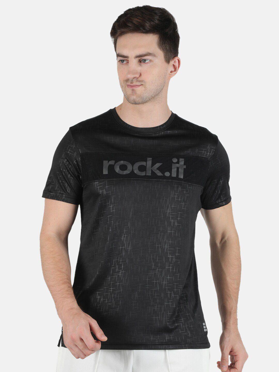 rock it men black typography printed applique training or gym t-shirt