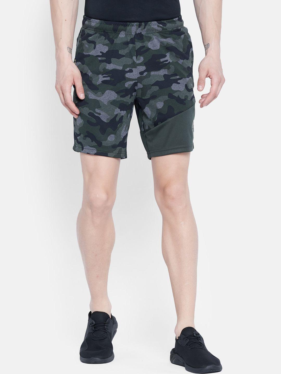 rock it men olive green camouflage printed mid-rise sports shorts