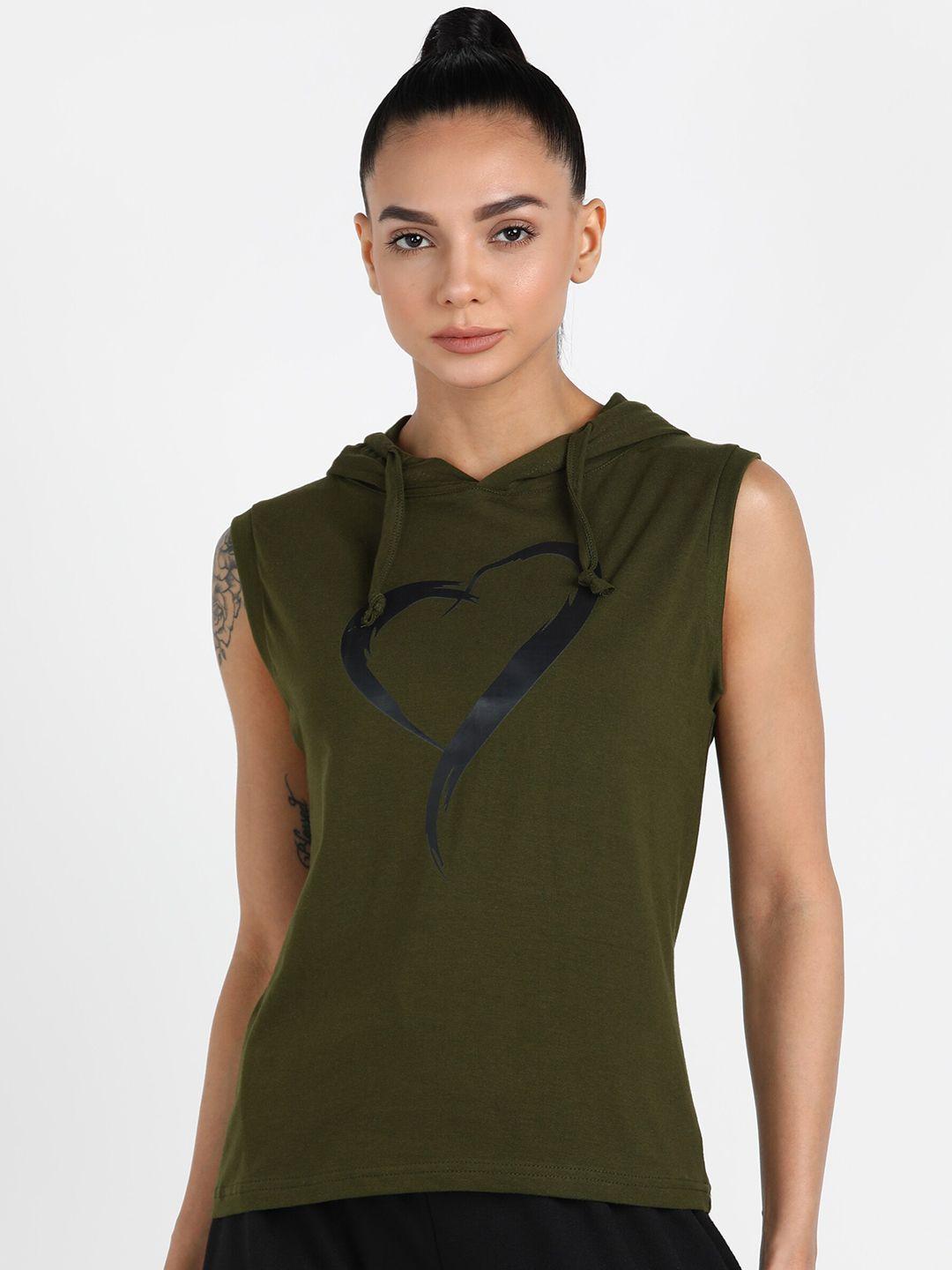 rock paper scissors women olive green printed pure cotton hooded tank top