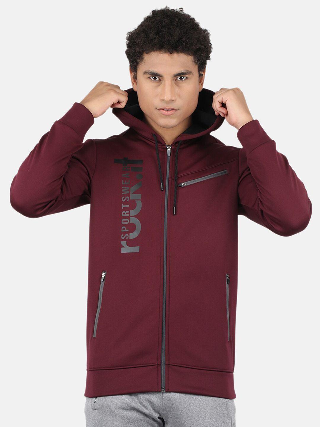 rock it men maroon printed hooded sweatshirt