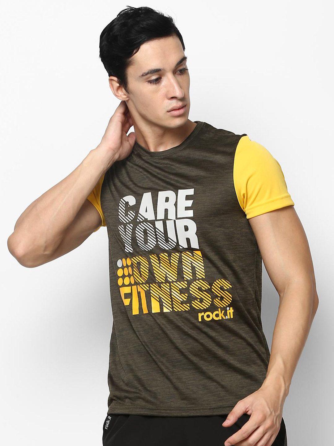 rock it men olive green typography printed slim fit training or gym t-shirt