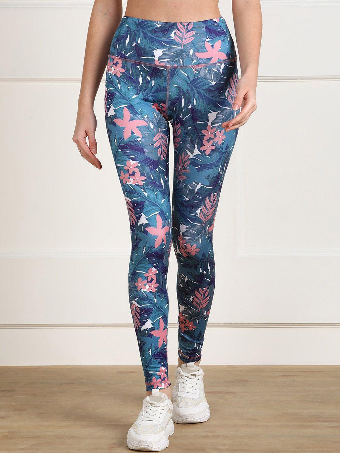 rock paper scissors women blue & pink floral printed ankle-length gym tights
