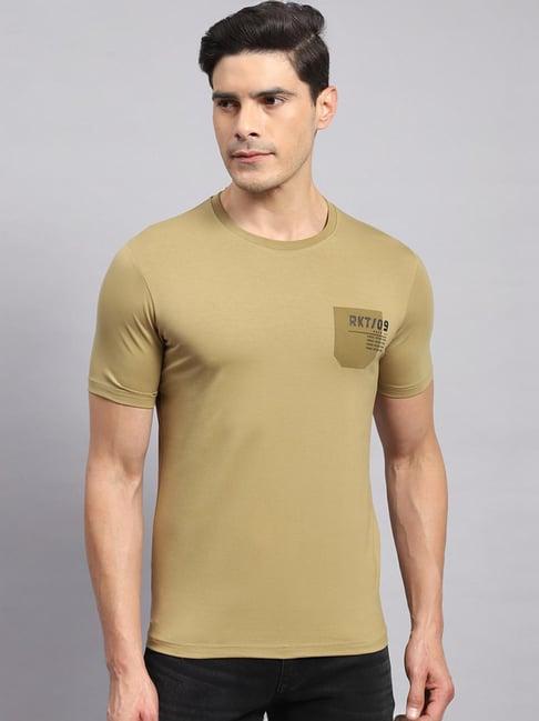 rock.it khaki cotton regular fit printed t-shirt