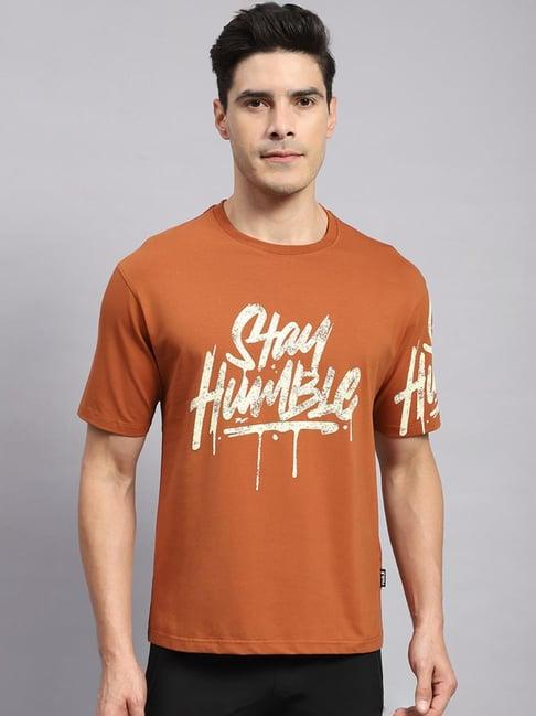 rock.it tan cotton regular fit printed t-shirt