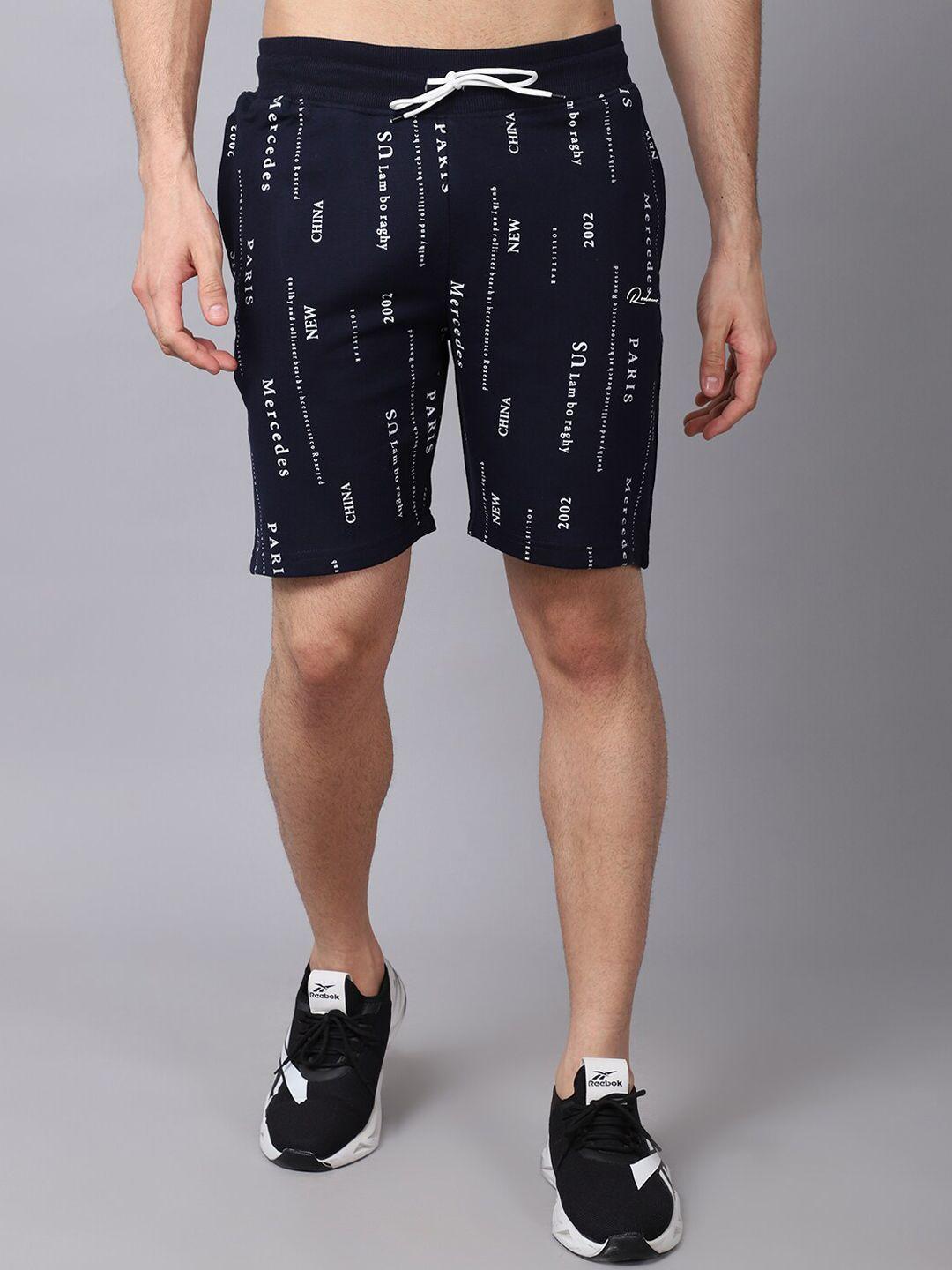rodamo men navy blue printed slim fit sports shorts