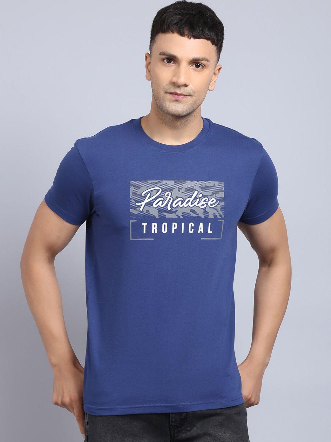rodamo men blue & white typography printed slim fit cotton t-shirt