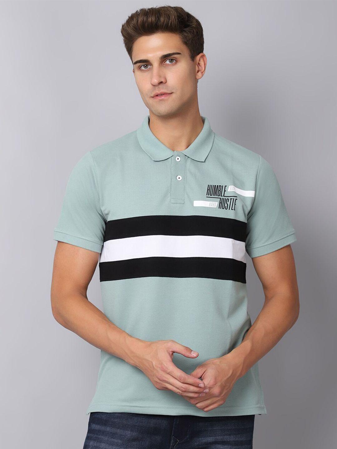 rodamo men multicoloured & misty blue striped polo collar applique slim fit t-shirt
