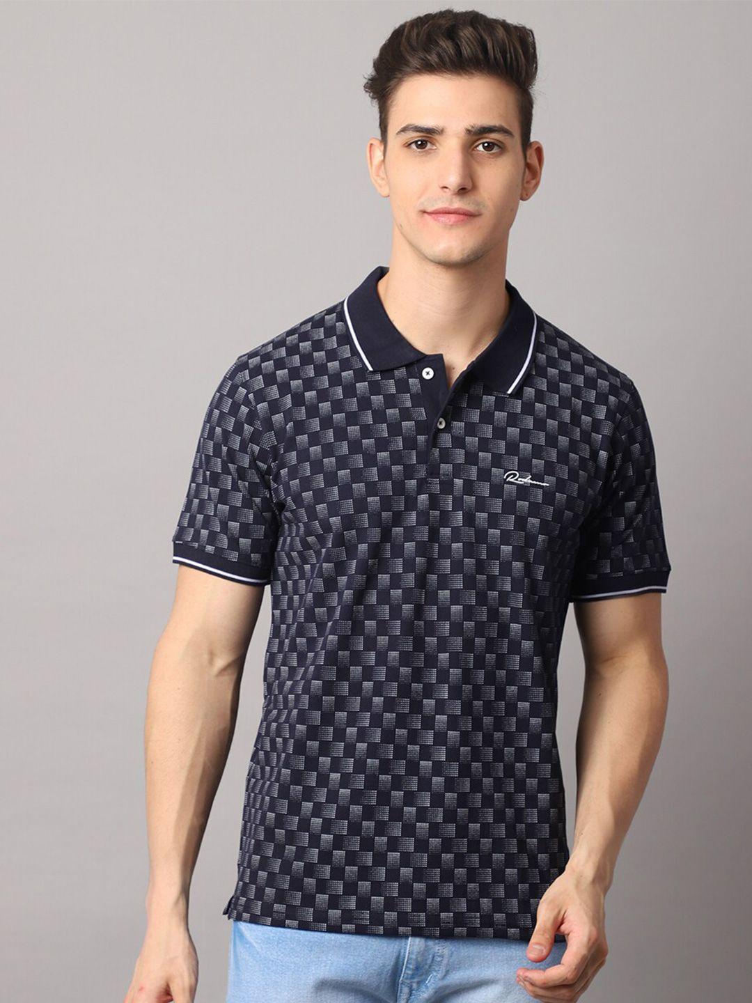 rodamo men navy blue printed polo collar slim fit cotton t-shirt