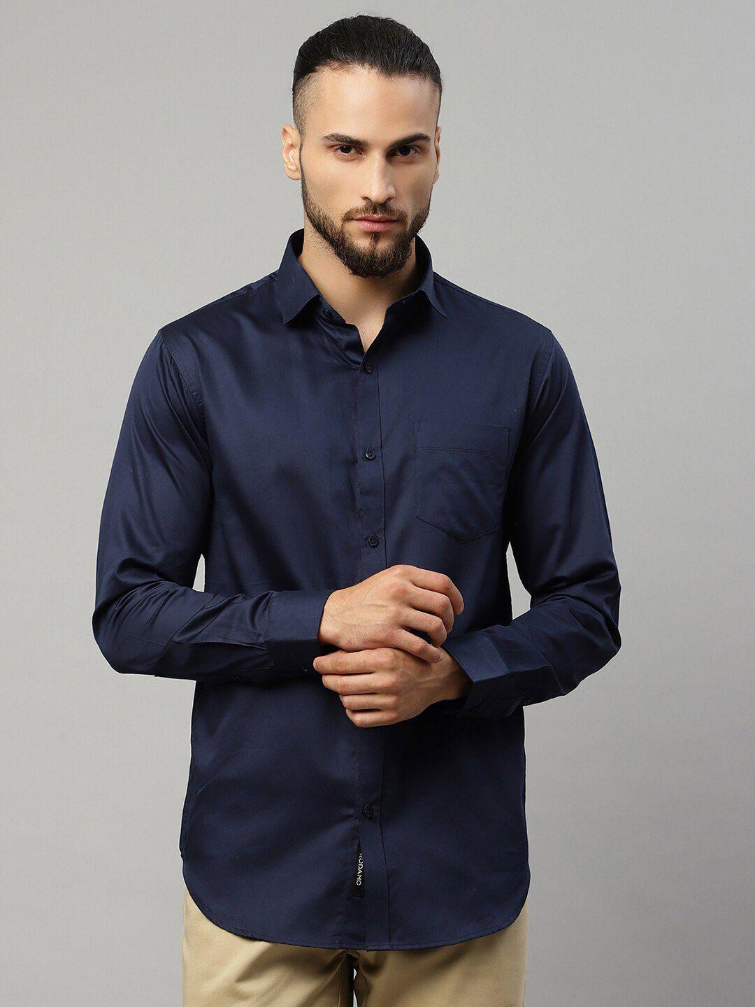 rodamo men navy blue slim fit solid cotton casual shirt