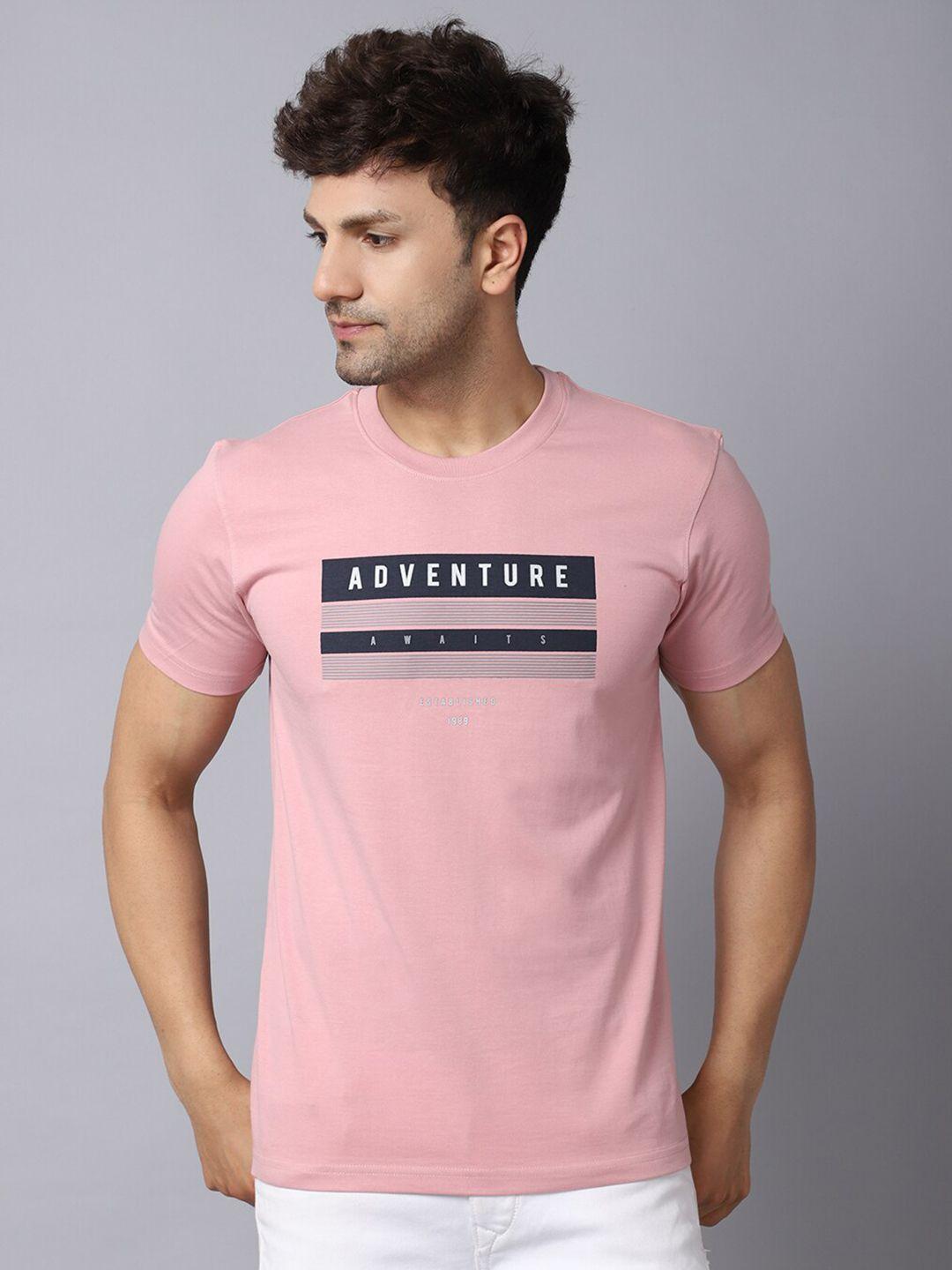 rodamo men pink typography printed raw edge slim fit t-shirt