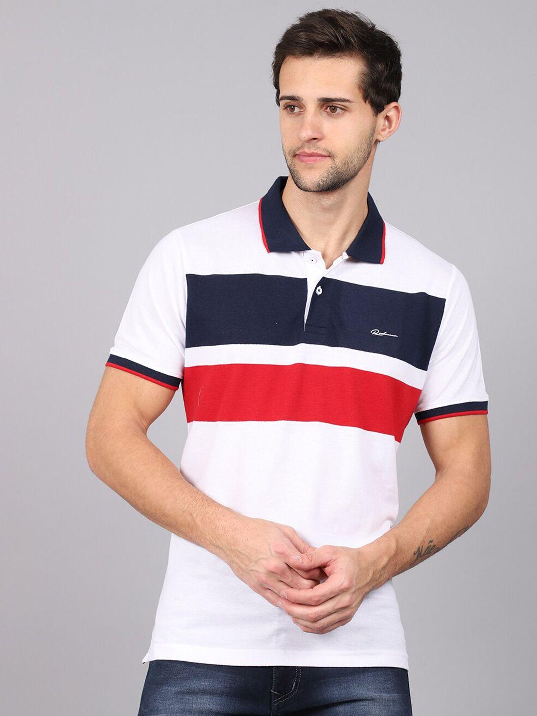 rodamo men white & navy blue striped polo collar slim fit t-shirt