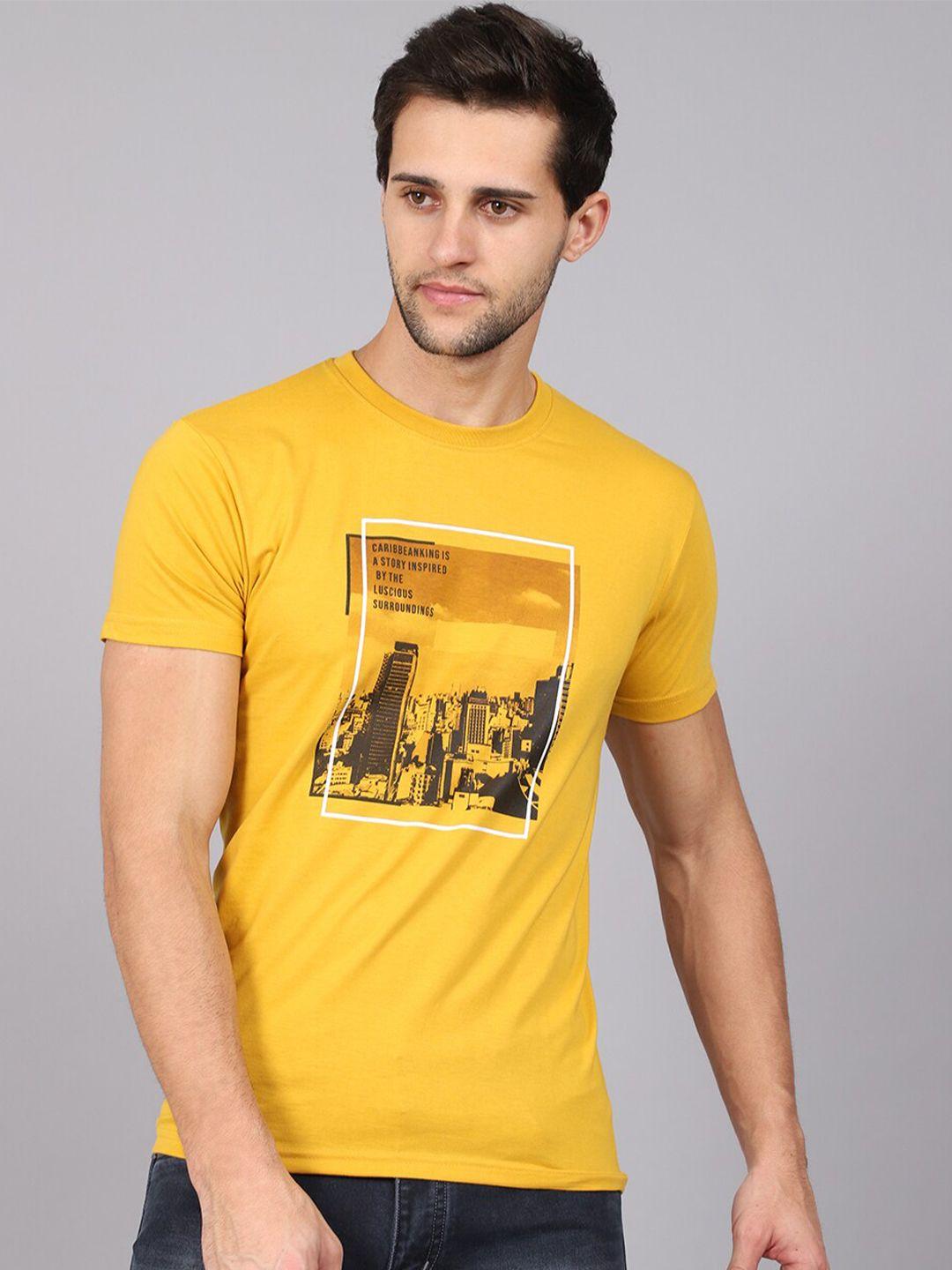 rodamo men yellow printed slim fit round neck  t-shirt