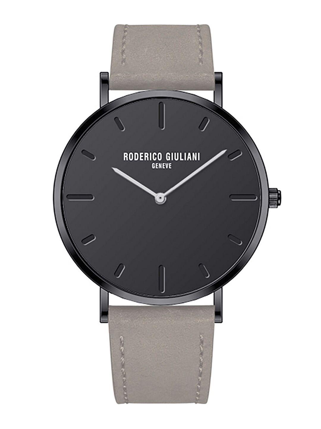 roderico giuliani unisex black dial & grey leather straps analogue watch