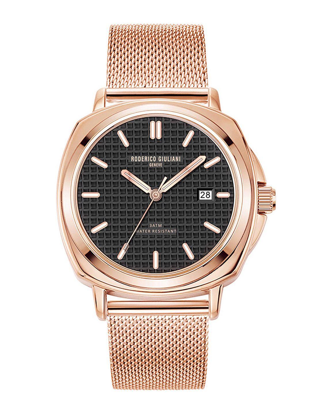 roderico giuliani unisex black dial & rose gold toned stainless steel bracelet style straps analogue watch rg-mmsa75000003