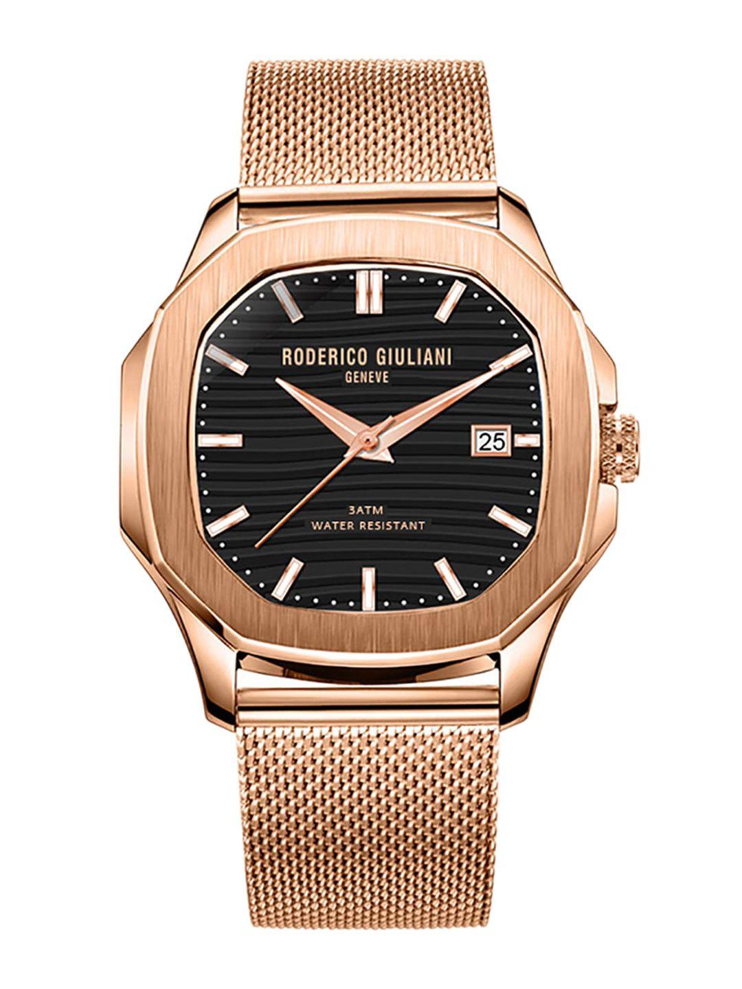 roderico giuliani unisex black dial & rose gold toned stainless steel bracelet style straps analogue watch