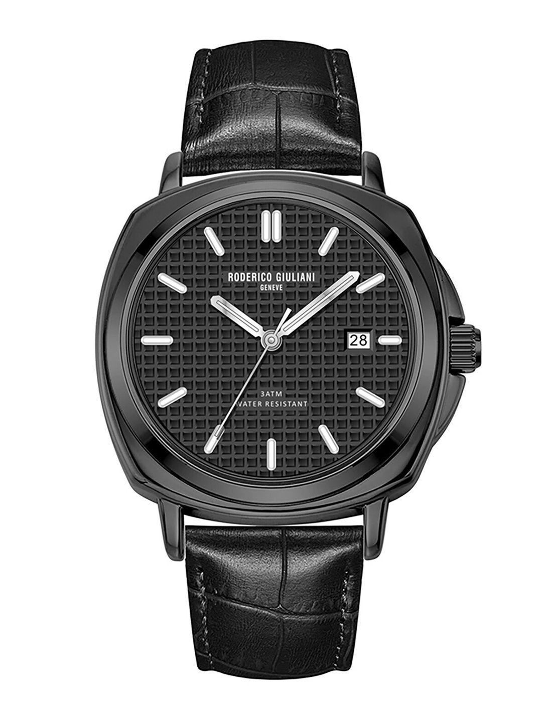 roderico giuliani unisex leather textured straps analogue watch rg-mlea75000002-black