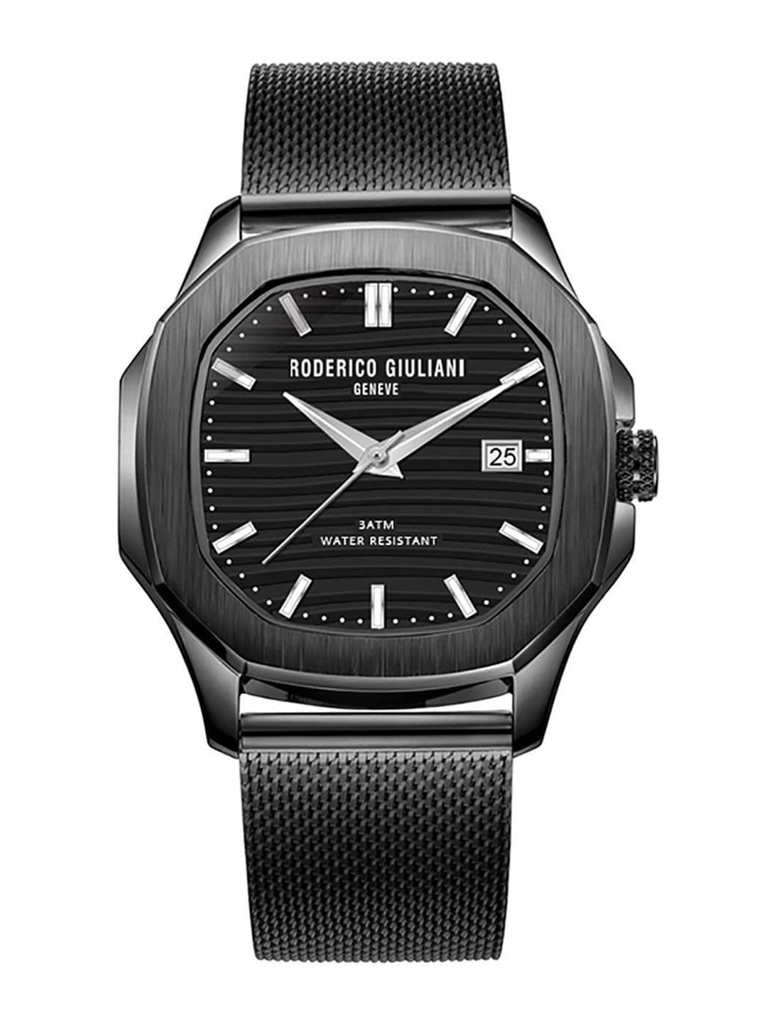 roderico giuliani unisex black dial & black stainless steel bracelet style straps analogue watch